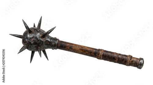 Obraz na płótnie Medieval spiky mace weapon with rustic wooden handle isolated on transparent background