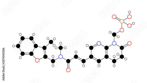 afabicin molecule, structural chemical formula, ball-and-stick model, isolated image antibacterial agent