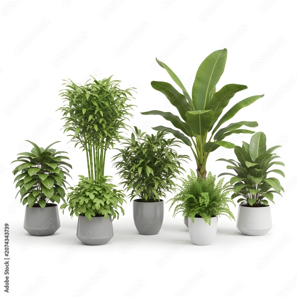 Fototapeta premium Assorted potted indoor plants collection on white background