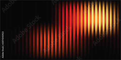 Abstract red and orange vertical light bars on black background, glowing geometric line pattern, cinematic motion blur effect vector illustration