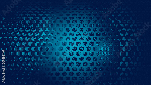Abstract dark blue honeycomb grid background with spherical spotlight