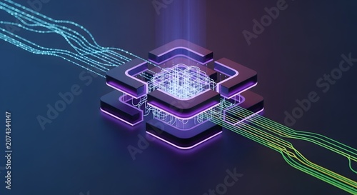 Layered microchip structure with glowing circuitry a 3d rendering with a dark purple background