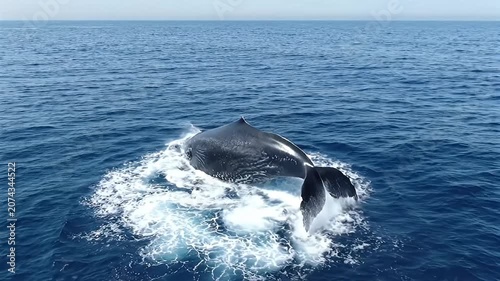 Humpback whale breaching and creating a big splash in the deep blue ocean, powerful marine life
