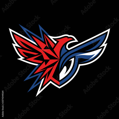 Canvastavla A stylized phoenix logo with red and blue wings on black