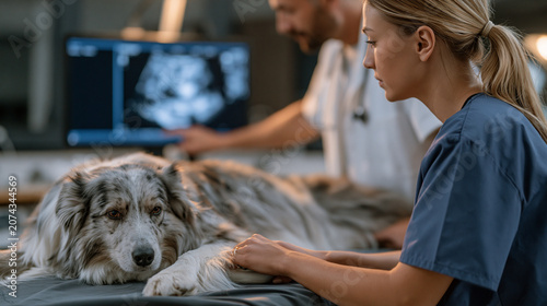 Veterinary sonographer presses ultrasound transducer against sedated border collie abdomen reviewing abdominal organ imagery on monitor screen in darkened diagnostic imaging suite