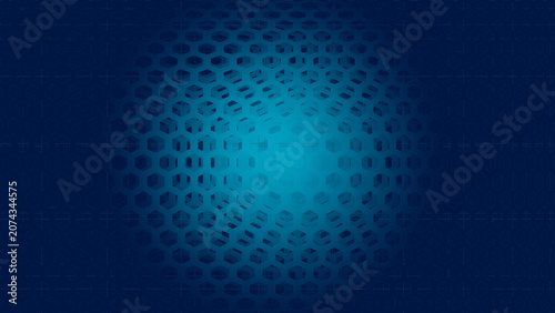 Abstract blue 3D hexagonal mesh background with bright center glow.
