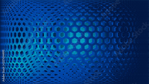 Abstract dark blue honeycomb grid background with spherical spotlight