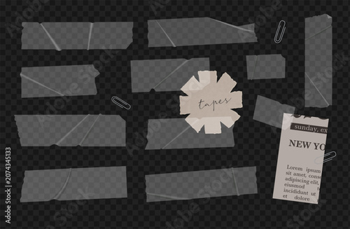 Clear adhesive tape vector set with isolated transparent strips and realistic wrinkles, separate sticky pieces ready to overlay on your photos, notes and collage designs on any background.