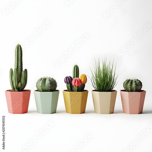 Assorted potted cacti and succulents on white background minimalist still life
