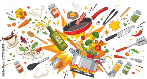 Foto Cooking explosion vector with flying food ingredients pan pot vegetables olive o