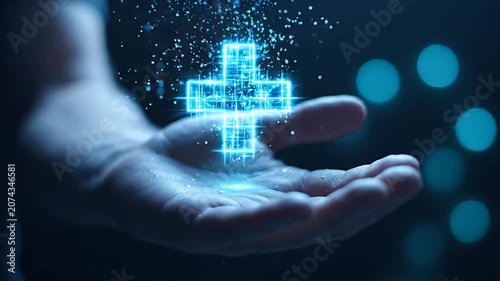 Businessman hand displaying a glowing digital medical cross, representing health, medicine, innovation, and futuristic care