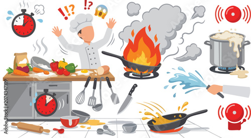 Принти на полотні Kitchen nightmare vector with panicked chef fire on stove smoke alarms boiling o
