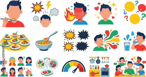 Εκτύπωση καμβά Illustration set featuring young man eating spicy food experiencing heat and sen