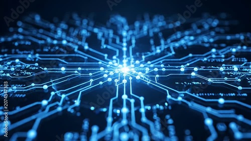 Abstract circuit board pattern with glowing blue light, digital network, modern computing technology, data transfer