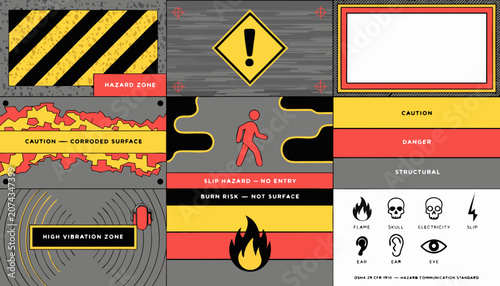 Industrial Hazard Warning Signs and Safety Labels on Textured Panels Vector Illustration