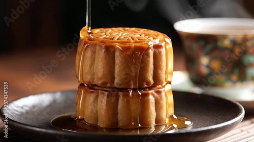 Delicious Stack Of Mooncakes Drizzled With Syrup On Dark Ceramic Plate With Traditional Tea Cup Background