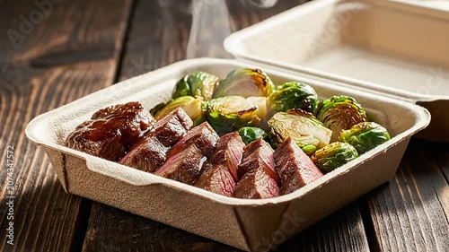 Delicious Sliced Lean Beef Medallions with Roasted Brussels Sprouts in Eco-Friendly Takeout Container on a Rustic Wood Surface