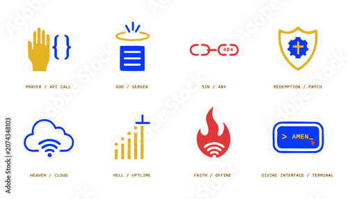 Religious Technology Concept Icons with Prayer, Server, Sin, Redemption and Divine Interface Symbols