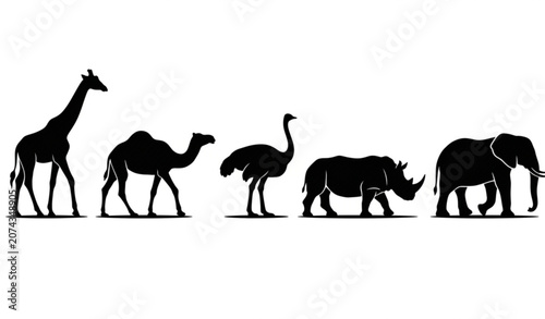 Bild auf Leinwand African Wildlife Animal Black Silhouette Collection with Elephant Rhinoceros Gir