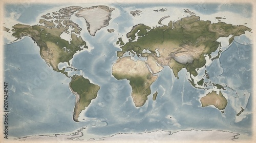 Vintage style relief world map with muted olive and blue tones and shaded elevation, historical decorative map print for wall display and geographical reference