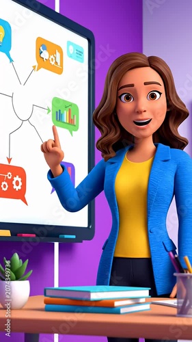 Cartoon business woman presenting charts on whiteboard