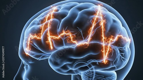 Detailed CGI Cross-Section of a Human Brain Focusing on the Temporal Lobe with Shimmering Electric Signals Representing Neural Activity