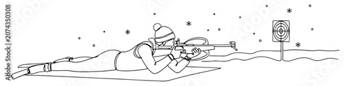 Photos Biathlon athlete shooting from prone position continuous one line drawing, winte