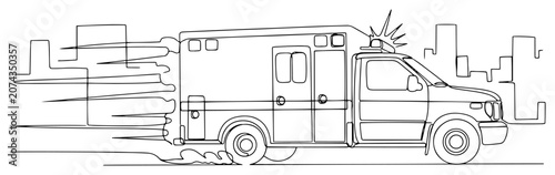 Canvas-taulu Fast ambulance driving through city skyline continuous line drawing, emergency m