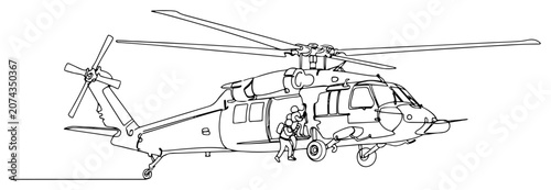 Foto Military rescue helicopter with crew continuous line drawing, transport chopper