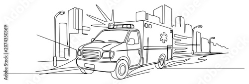 Fotografía Fast ambulance speeding on city street continuous line drawing, emergency medica