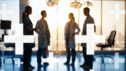 Medical team silhouette in a hospital setting with digital plus signs, representing healthcare innovation and collaborative medical solutions