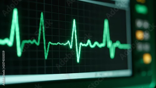 Close up of an electrocardiogram screen showing a pulsing heart rate in green on a dark background