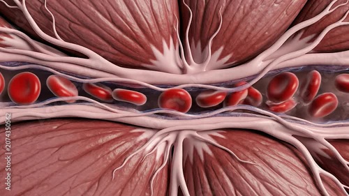 Detailed Cross-Section Of A Muscle Fascicle Showcasing Individual Muscle Fibers And Blood Vessels In A Vascular Anatomy Visual