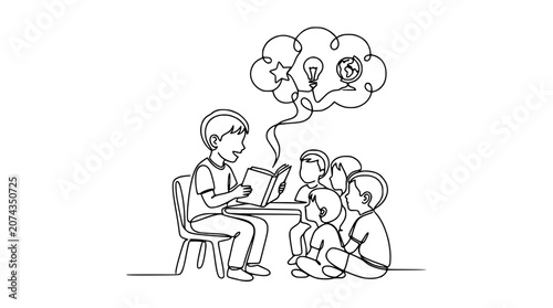 Fotografie Boy reading book to attentive children, imagination bubble with symbols of ideas