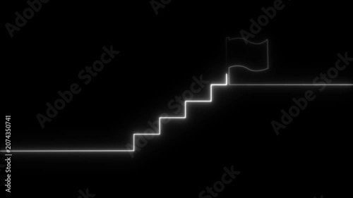 Glowing neon Success stairs sign with flag icon animation on black background
