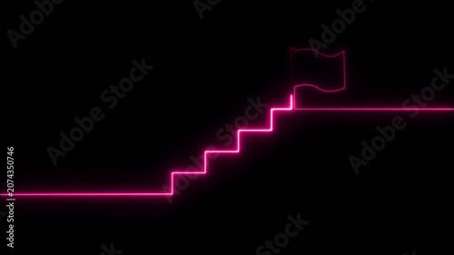 Glowing neon Success stairs sign with flag icon animation on black background