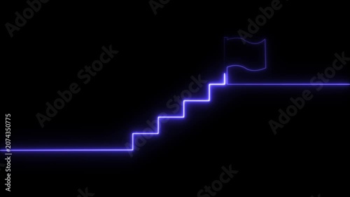 Glowing neon Success stairs sign with flag icon animation on black background