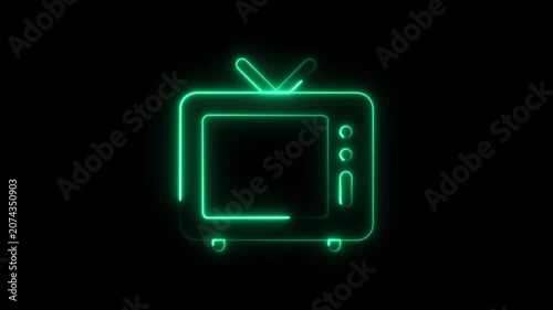 Glowing neon Tv icon animation on Black Background, 4k video