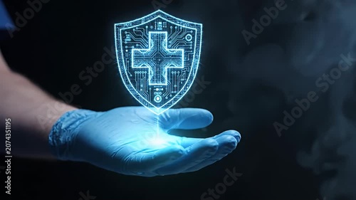 A hand in a medical glove holds a glowing blue digital shield with a cross, representing health data protection and security