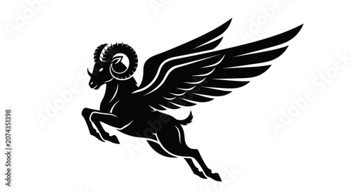 Winged ram silhouette illustration on white background symbol of strength