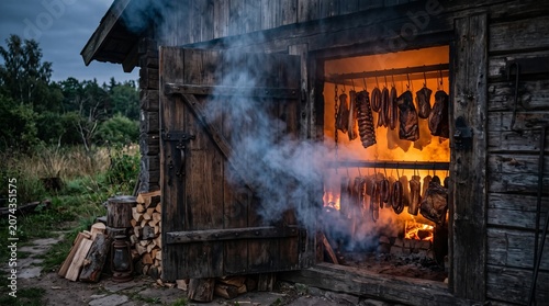 Traditional smokehouse with hanging meat and sausages over a wood fire