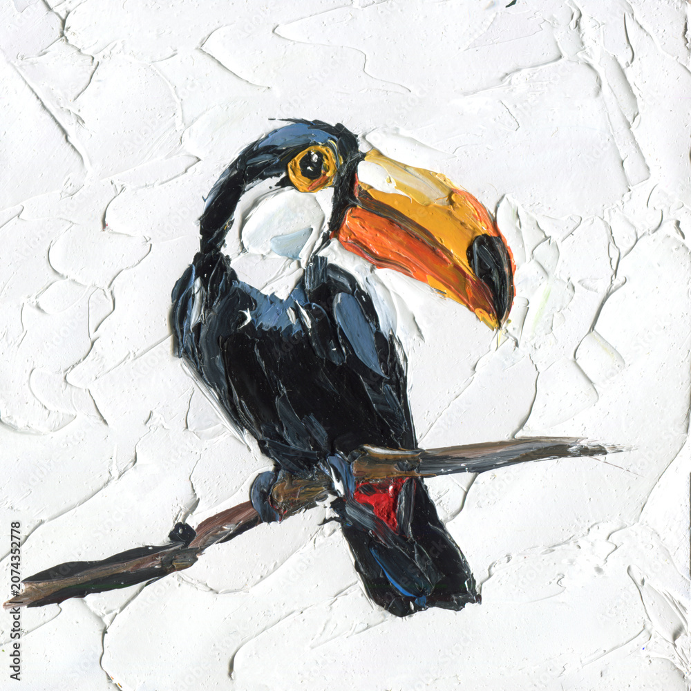 Obraz premium Textured oil painting tropical toucan bird on branch against white background, painted with thick impasto strokes.