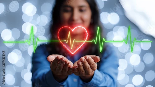 Woman holding a glowing red heart with green ECG line, representing healthcare, wellness, and medical technology