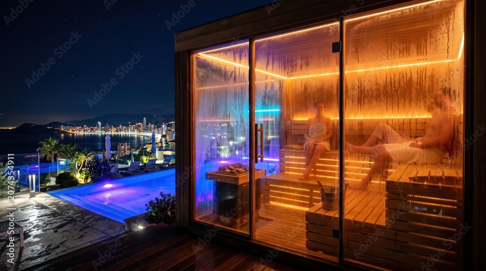 Obraz premium People relaxing inside glass sauna cabin on terrace overlooking illuminated coastal city and pool at night, warm ambient wellness scene
