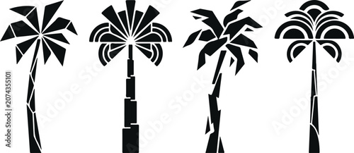 Black silhouette of a tropical palm tree with sharp leaves isolated on white background for summer beach and vacation vector design.
