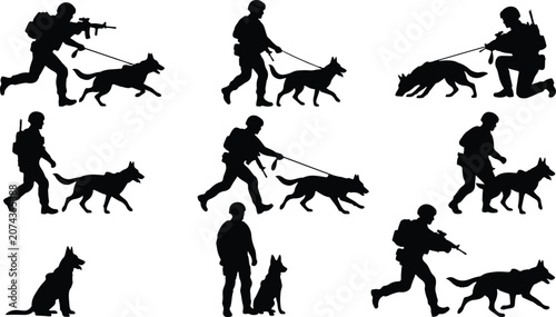 Tactical military  handlers silhouettes set with army soldiers walking and guiding search and rescue service dogs vector illustration.