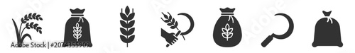 Photos agriculture harvest icons set with rice plant sickle and grain sack on transpare