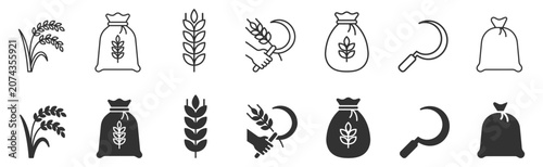 Foto Wheat grain and harvesting agriculture icons set with sack of grain and sickle o