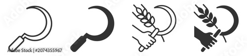 Photos sickle icon set with hand holding wheat stalk agriculture tools illustration on
