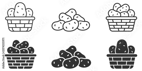 Photos potato icons basket and pile line and solid style illustration on transparent ba
